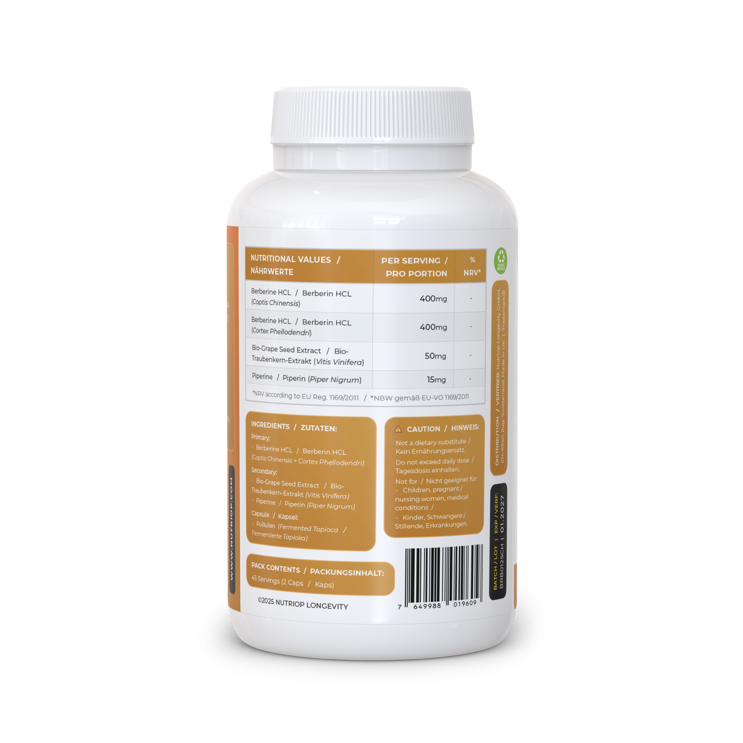 Nutriop Longevity® Bio-Enhanced Berberine HCL with Pure Organic Piperine and Grape Seed Extract - 865mg per serving (x45)-2